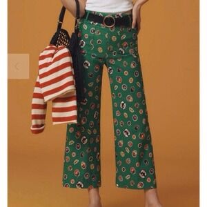 Maeve Wide Leg Crop Pants Fruit Print High Waist Green Size 28